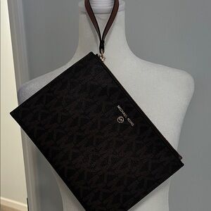 Michael Kors Dark Brown Logo Zip Wristlet with Leather Strap